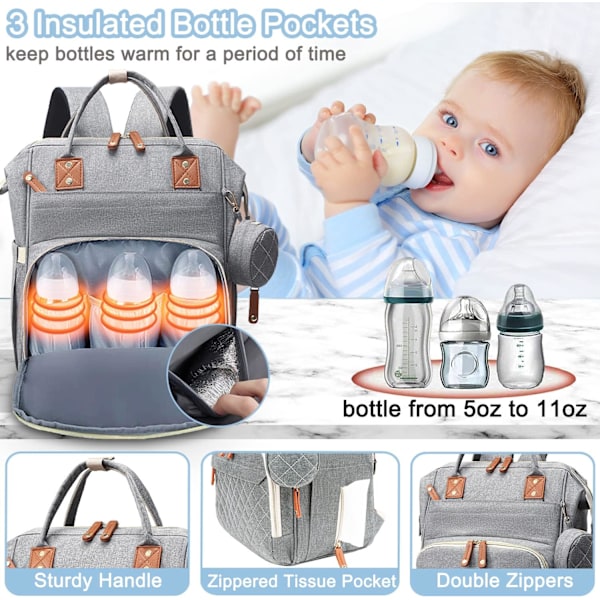 Stor skötväska, vattentät multifunktionell unisex-ryggsäck, elegant reseryggsäck för mamma Gray