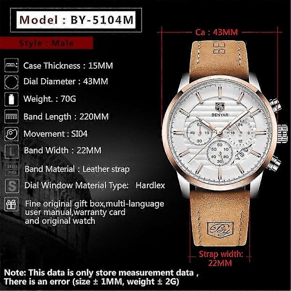 Benyar Design 2022 Nye Top Mode Sports Quartz Herreure Multifunktionelt Vandtæt Premium Læder Kalenderur Relogio BlackGold