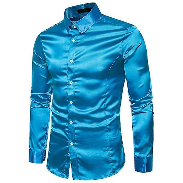 Lyxig satinskjorta för män, Slim Fit Smoking Skjortor Blue S