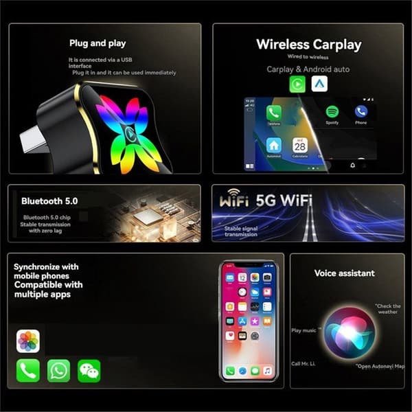 2-i-1 AI Smart Trådløs CarPlay Boks til Android Auto med Stemmestyring, Wi-Fi og Bluetooth 5.0, USB-adapter til