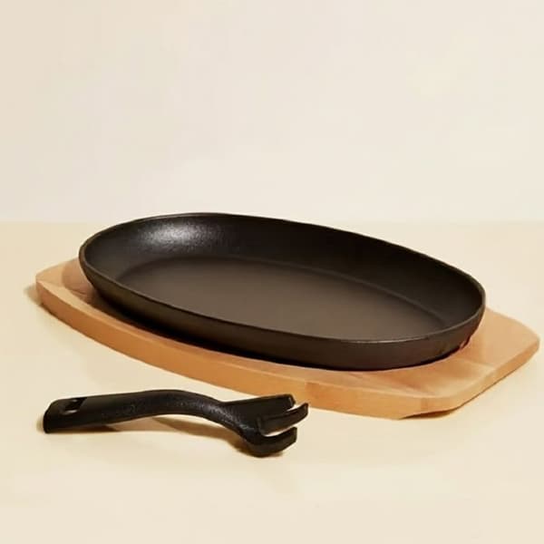 Støpejernsplate, oval støpejernspanne for biff, grillmat, grillet fisk