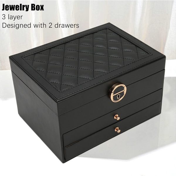 Sort læder smykkeskrin til kvinder, smykkeorganisator med 2 poser til halskæder og armbånd style1