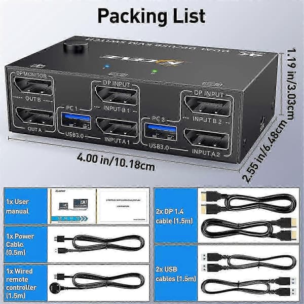Kvm-switch dubbel bildskärm Displayport, 4 Usb3.0 för 2 datorer, 2 in 2 ut Dp 1.4 Kvm-switch Black