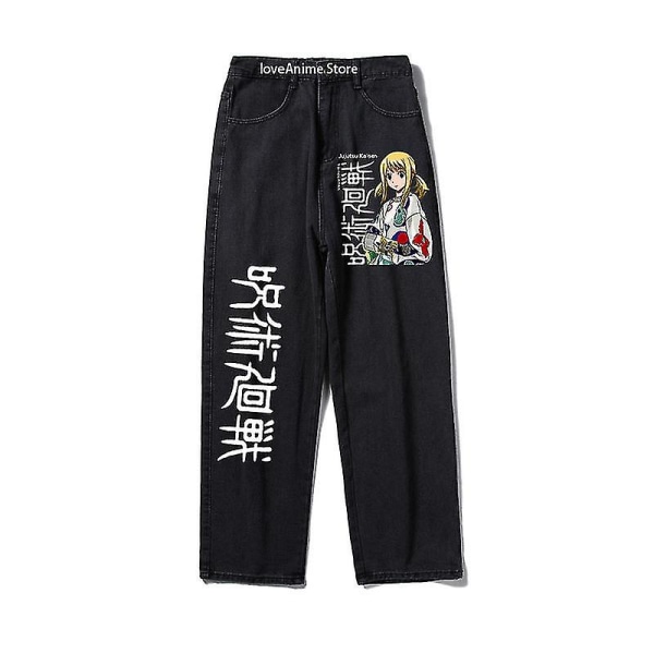 Anime Jeans Jujutsu Kaisen Jeans Herr Jeans Streetwear Harajuku Loose Byxor Y2k Jeans Hip Hop Byxor med vida ben Herrkläder black 1 XXL