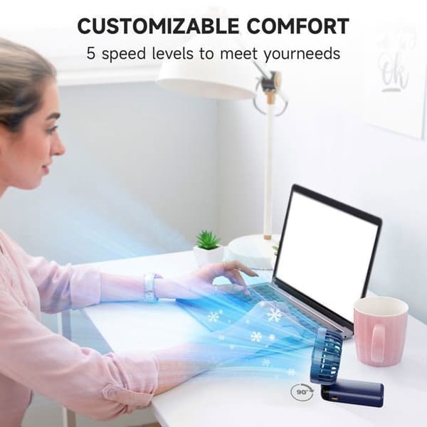 Keeper 5-i-1 Bærbar Ventilator - 2500 mAh - 5 Hastigheder - 90° Sammenfoldelig - Blå - USB-C Genopladelig
