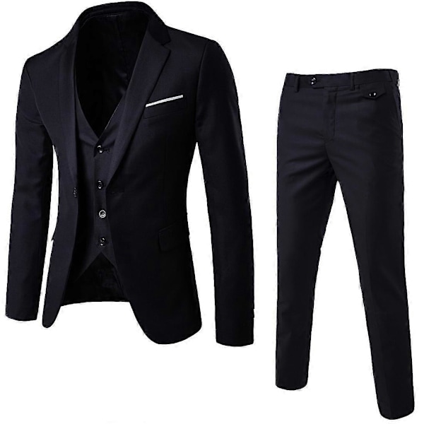 Herr 3-delad Slim Fit Kostym Set En Knapp Enfärgad Kavaj Väst Byxor Business Set-Yvan Black XS