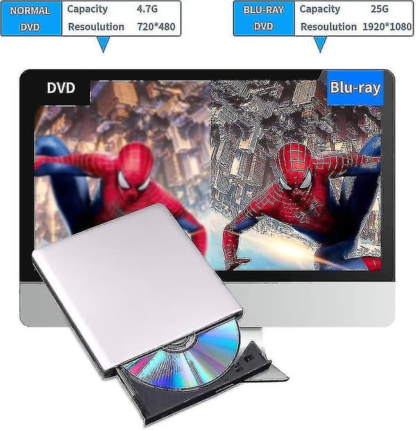 Ekstern Blu-ray DVD-drev 3D, USB 3.0 og Type-C Bluray CD DVD-læser Superb