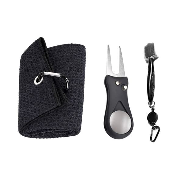 1 Golf tilbehørssæt, 40x40cm mikrofiberhåndklæde, ergonomisk køllebørste, foldbar divot-reparator, til golfspillere.