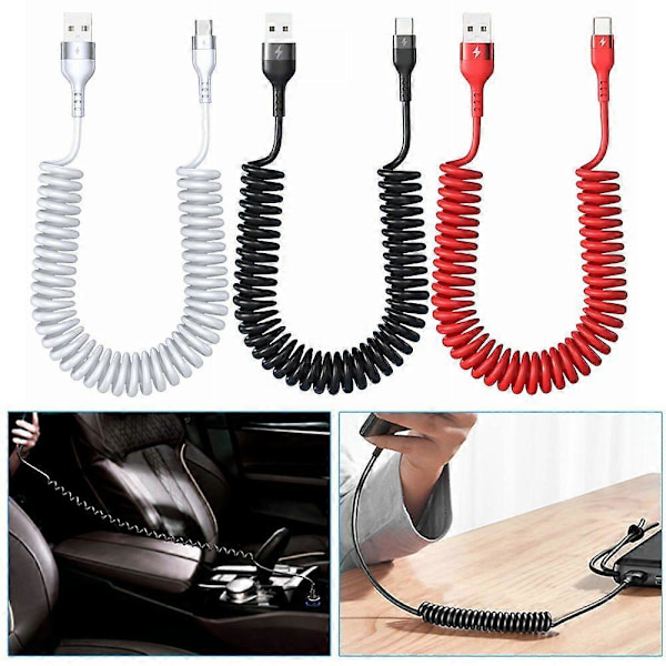 USB til USB C Spiral Kabel Uttrekkbar Billaderledning Kompatibel Iphone for Android Dataoverføring Fjærdesign 5A Hurtigladekabel Black 150CM