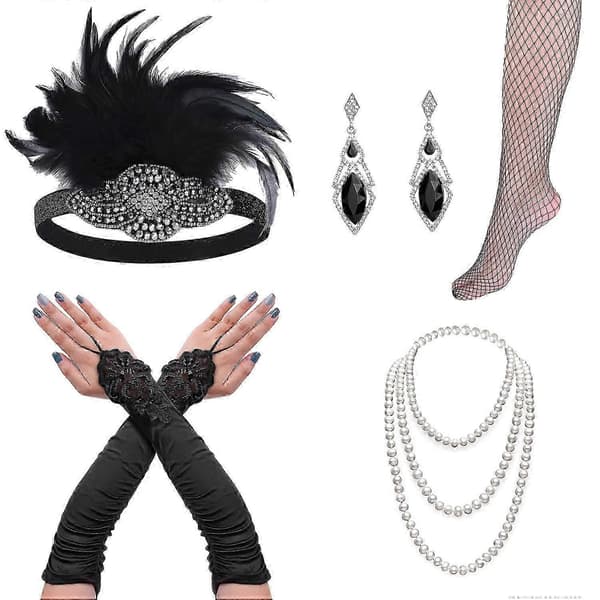 Flapper-tilbehør, 1920'er Gatsby-tilbehør til kvinder inkluderer flapper-pandebånd, halskæde og handsker Black