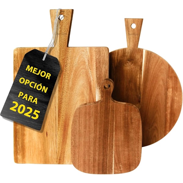 Puinen keittiölauta-setti, 3 kpl, kahvoilla, puinen leikkuulauta keittiöön - pyöreä, suorakulmainen ja pieni melamallinen tarjoilualusta juustoille Silver wooden set