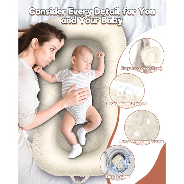 Baby Lounger - 3-i-1 Babynest för Nyfödda 0-24 Månader, Andningsbar & Mjuk Baby Nest Säng för Bebis, Portabelt Babynest för Hemma och Resor Beige