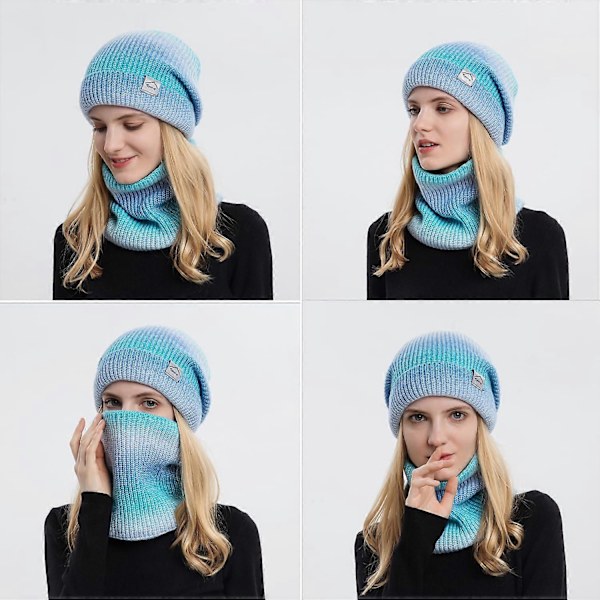 Vintermössa stickad mössa med halsduk dam varm mössa beanie höst vinter halsduk och mössa set 56-60CM, kostym gradvis blå