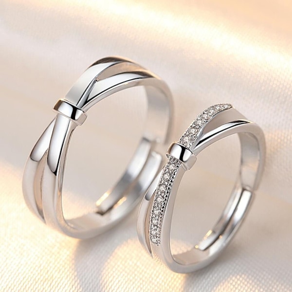 Ring 2 delar partnerring 925 sterling silverring (1 del, justerbar förlovningsring), vigselringar par RI