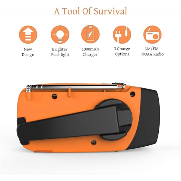 Väderradio, Solradio, Nödladdningsradio med Handvev, Självdriven AM/FM Solcellsväderradio med LED-ficklampa, WB-radio med Batteribackup Orange
