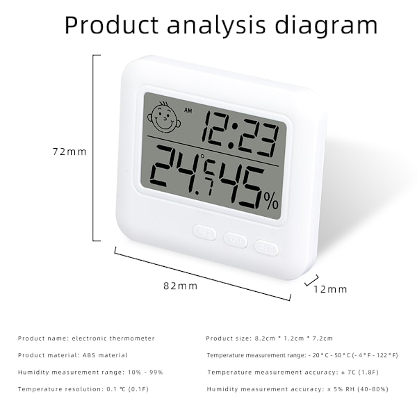 Smiling Fa Temperatur- og Fugtighedsmåler Indendørs Husholdningsvejrstation LCD Digitalt Termometer Hygrometer Med Vækkeur White