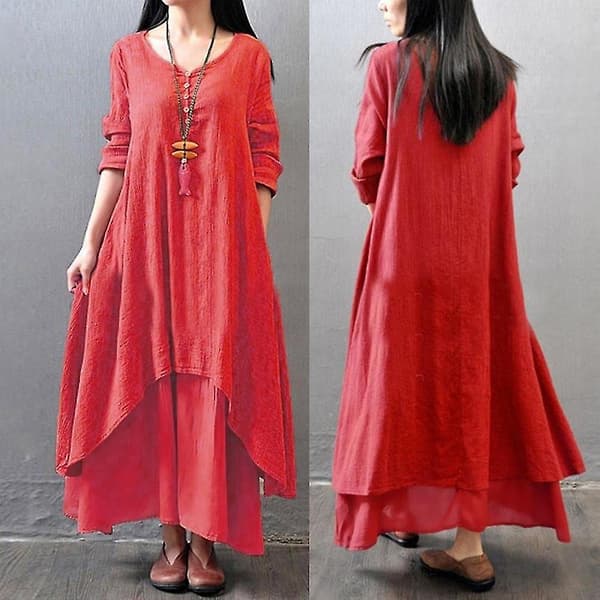 Plus Size Oversized Dame Langærmet Baggy Løs Lagdelt Maxikjole Yellow 2XL