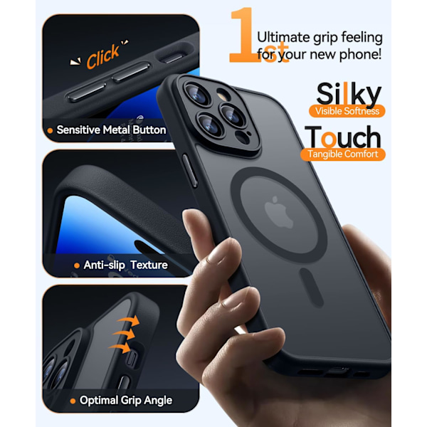 Magnetiskt skal för iPhone 16 Pro Max med fullständigt kameraskydd [Kompatibelt med MagSafe] [Transparent matt] Skyddande mobilskal, Lila Svart Black iPhone 14 Pro Max