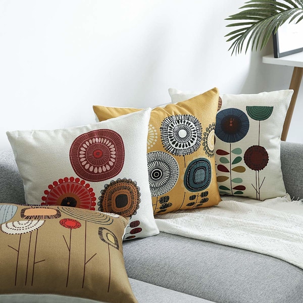 Sett med 4 dekorative putetrekk til sofa, blomstrete linputer, til sofa, seng, bil, hjem, 45x45cm
