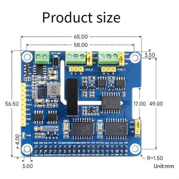 Waveshare CAN Bus Udvidelseskort 2-CH Isoleret HAT+ Dobbelte Chips