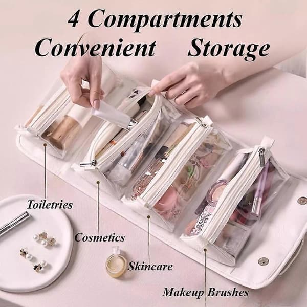 Leather 4-in-1 Roll-Up Large Capacity Compact Waterproof Foldable Cosmetic Bag grey