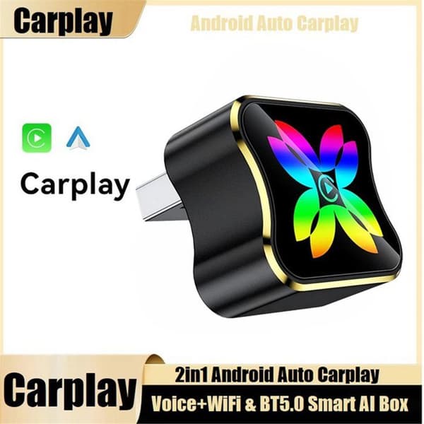 2-i-1 AI Smart Trådløs CarPlay Boks til Android Auto med Stemmestyring, Wi-Fi og Bluetooth 5.0, USB-adapter til