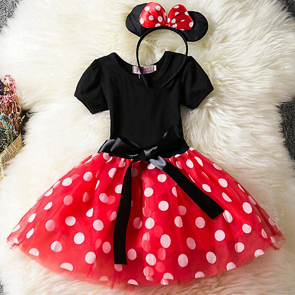 Flickor Minnie Mouse Prickig Kortärmad Rosett Tyllklänning Födelsedagskläder Röd Red 3-4 Years