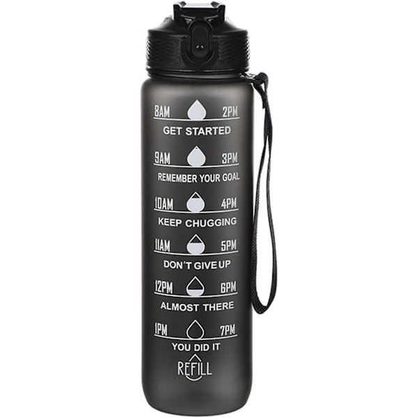 Motivoiva juomapullo 1000 ml, tiivis, BPA-vapaa, varmistaa riittävän vedenjuonnin kuntoiluun, ulkokuntosalille, musta