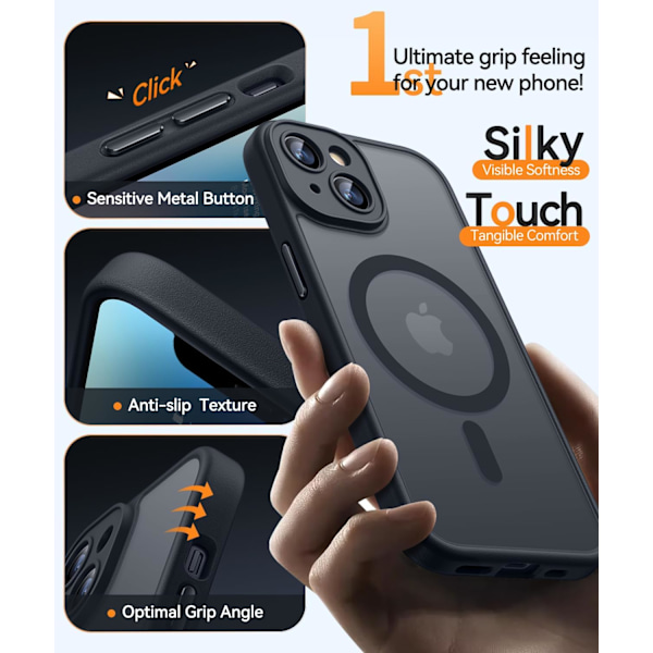 Magnetiskt skal för iPhone 16 Pro Max med fullständigt kameraskydd [Kompatibelt med MagSafe] [Transparent matt] Skyddande mobilskal, Lila Svart Black iPhone 14