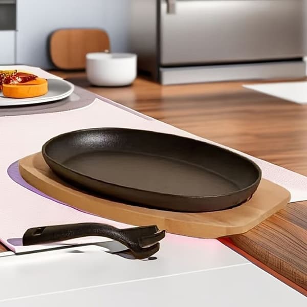 Støpejernsplate, oval støpejernspanne for biff, grillmat, grillet fisk