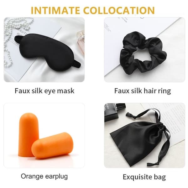 1 Sovemaske, imitasjonssilke, ørepropper, sateng scrunchie, reise, fly.