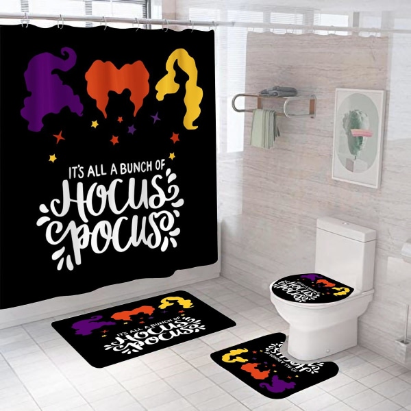 4-delade Hocus Decor Pocus Duschdraperier med halkfria mattor, cover och badmatta, badrumsset(a) med halloween duschdraperi och R