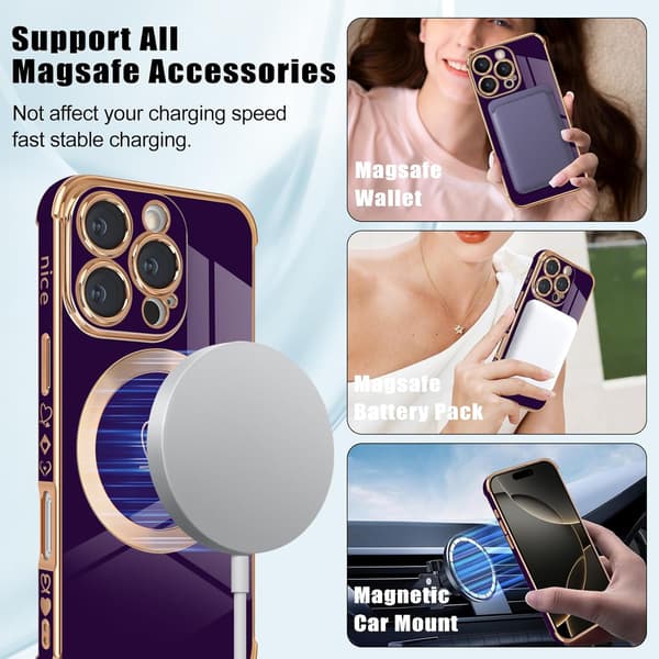 iPhone 16 Pro Case, Cute Heart Pattern and Gold Plated Edge Compatible with MagSafe Silicone Case Cute Shockproof for iPhone 16 Pro