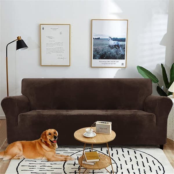 XJYDNCG Stretch Sammet Sofföverdrag, Fläckresistent 3-sits Soffskydd - Brun