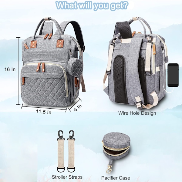 Stor skötväska, vattentät multifunktionell unisex-ryggsäck, elegant reseryggsäck för mamma Gray