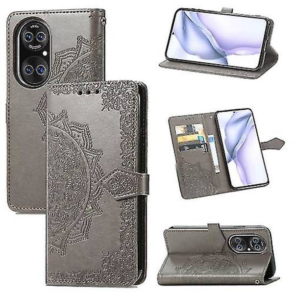Halfway Mandala Embossing Pattern Horizontal Flip Leather Phone Case Grey