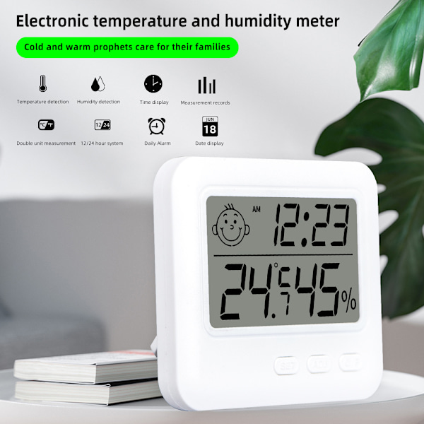 Smiling Fa Temperatur- og Fugtighedsmåler Indendørs Husholdningsvejrstation LCD Digitalt Termometer Hygrometer Med Vækkeur White