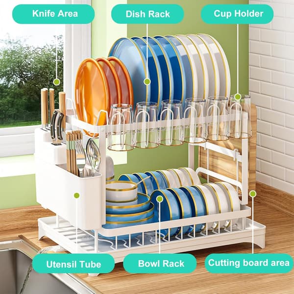 Dish Drying Rack for Kitchen Counter, Double Layer, with Drainboard and Cutlery Holder, Large Capacity Storage Rack (White) White