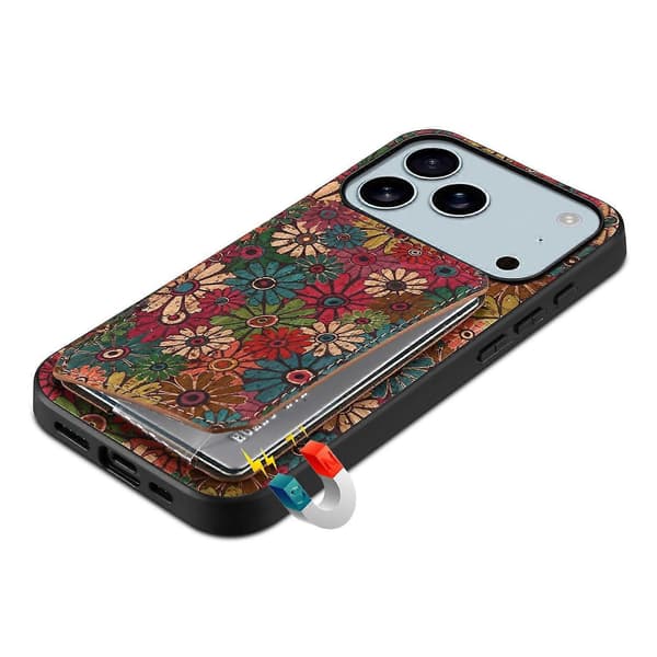 Compatible iPhone 17 Pro Case with Card Holder Stand Floral Pattern Leather Phone Case Spring Green