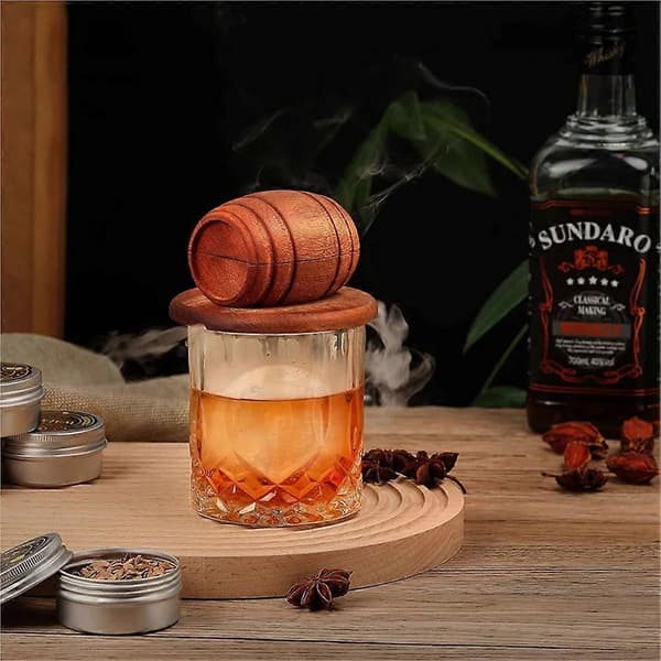 Cocktail Barrel Smoker Sæt Træhætte Med 4 Smagschips Multi-Style Dragter kompatible med Whisky Bar Old Fashioned Drik