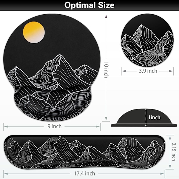 Musmatta med handledsstöd, Qomolama 3-i-1 handledsstöd musmatta set, Gaming musmatta med halkfri bas, Ergonomisk musmatta, Memory Foam tangentbord Golden Mountain-black