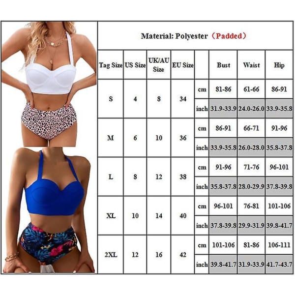 Print Vadderat Push Up Bikini Set Sexiga BH Toppar + Hög midja Trosor Baddräkt Sommarlov Badkläder Baddräkt A XL