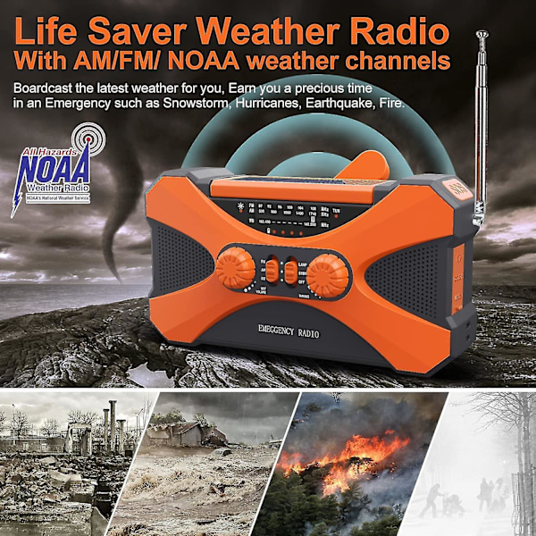 10000mAh Nødradio Multifunktionel Håndsving Generator Solcellelampe Bærbar AM/FM/NOAA Vejrradio med Mobiltelefon Oplader Lommelygte Orange