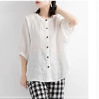 Fritidsskjorte med knapper, top til damer, løs, langærmet, oversized skjorte, damebluser, afslappet (L rød)