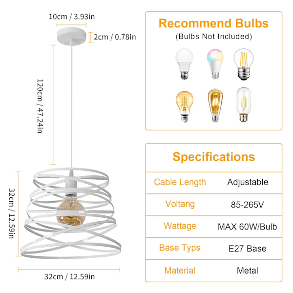 Industriel Pendel Loftlampe, Hvid Spiral Pendel Loftlampe, E27 Pendel til Spisestue Køkken Stue (Sin Bombilla)