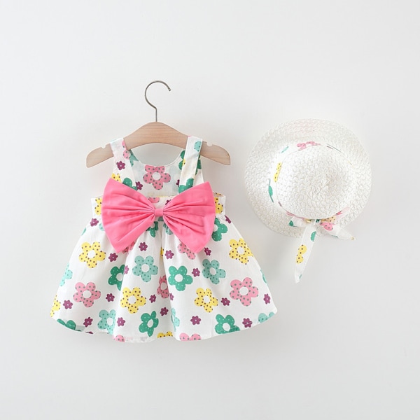 Sommarfödd Baby Kläder Småbarn Flick Kläder Bomull Strand Hängselklänning+Solhatt Prinsessklänningar 2 st Green 6-9M