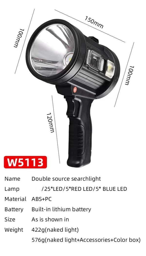 Rechargeable Spotlight, Handheld Flashlight Large Super Strong Outdoor Solar Powered Headlight, (Black)