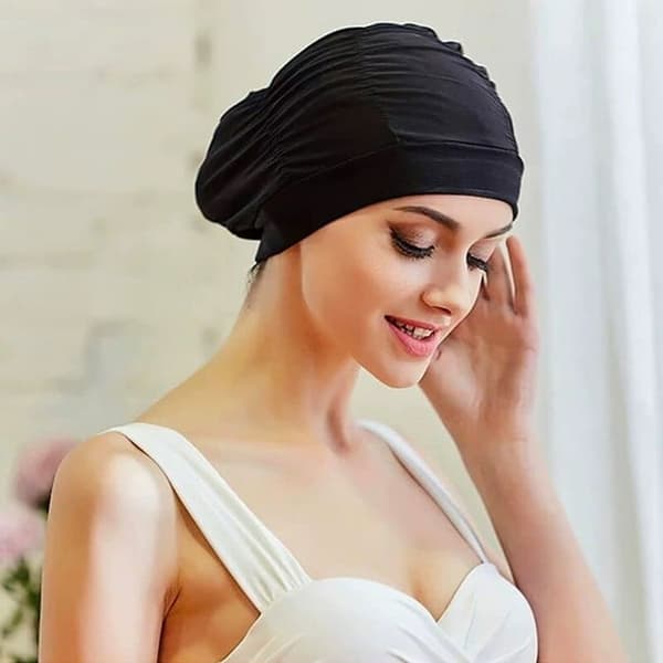 Svømmehætte til kvinder, svømmehætte til langt hår, spandex hætte, turban hætter, sort