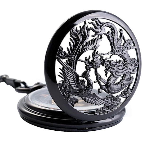 Antik Mekanisk Klocka Lyckodrake & Fenix (Bästa Önskningar) Skeletturtavla med Kedja för Män Kvinnor