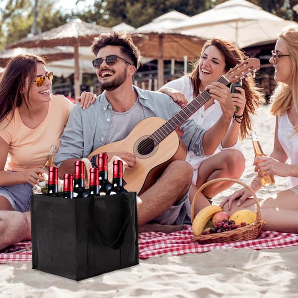 Reusable wine bottle bag with black compartments and handle, 27 x 18 cm